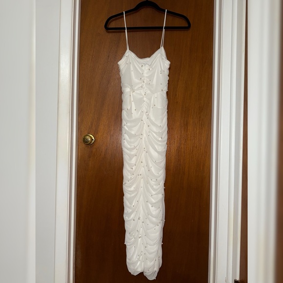 White Ruched Pearl Bodycon Midi Dress - Picture 2 of 5
